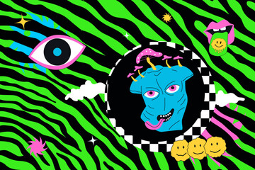 Groovy psychedelic illustration with weird person, mushrooms, emojis. Acid hippie trippy artwork.