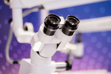 Fototapeta na wymiar Professional medical microscope in scientific laboratory: close up, selective focus. Medicine, technology, laboratory concept