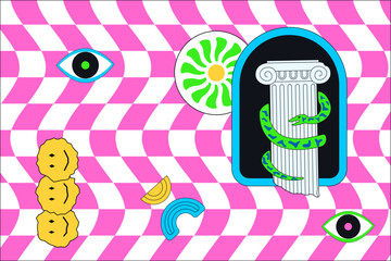 A strange greek column with a snake and an arch on a mesh background. Acid psychedelic illustration.