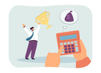 Hands with calculator calculating profit from employees success. Tiny happy man holding golden cup flat vector illustration. Money, income, fee concept for banner, website design or landing web page