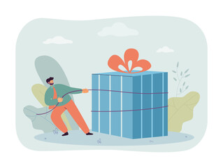 Tiny consumer pushing big gift box. Man moving wrapped present with ribbon and bow flat vector illustration. Discount, event, sales in store concept for banner, website design or landing web page