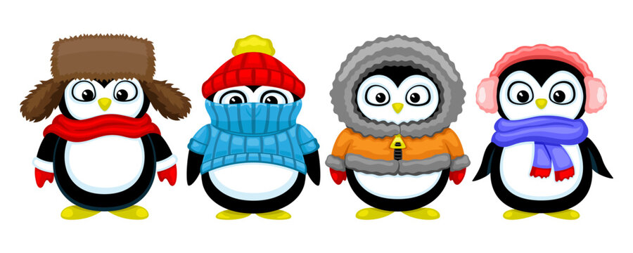 Set of cute penguins in winter clothes isolated on white background.