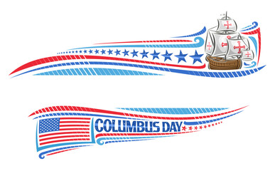 Vector border for Columbus Day with blank copy space for congratulation text, illustration of vintage ship, national american flag, blue and red decorative stars, word columbus day on white background