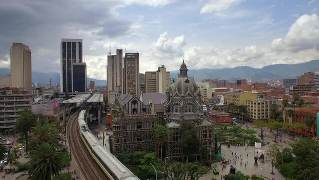 Aerial view of Plaza Botero and Palace of Culture in Downtown Medellin, Antioquia Department, Colombia.