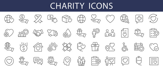 Fototapeta na wymiar Charity thin line icons set. Charity, Donate, Volunteering editable stroke icons. Vector illustration