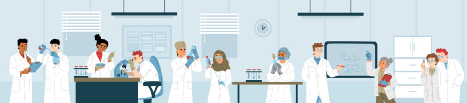 Science laboratory research and development. Medicine, genetics, chemistry or biochemistry scientists working together in lab with microscope and equipment, Cartoon linear flat vector illustration
