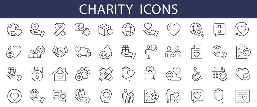 Charity Thin Line Icons Set. Charity, Donate, Volunteering Editable Stroke Icons. Vector Illustration