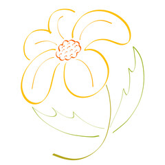 wild flower with large yellow petals and green jagged leaves, abstract colorful sketch