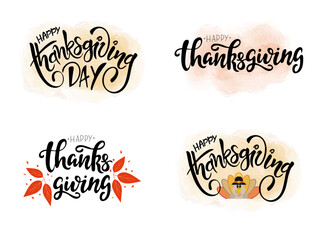 Set of Hand drawn Happy Thanksgiving typography . Celebration text with leaves for postcard, icon or badge. 