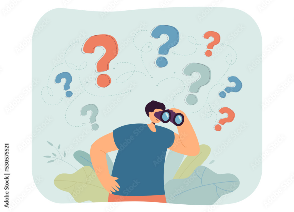 Canvas Prints search for answers to questions from man with binoculars. curious person exploring future goals flat