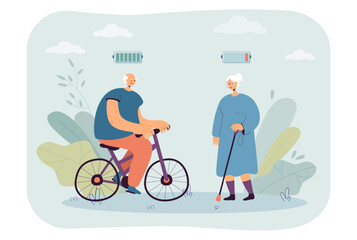 Tired grandmother standing near happy grandfather on bicycle. Low and full charge battery in elderly flat vector illustration. Energy, health concept for banner, website design or landing web page