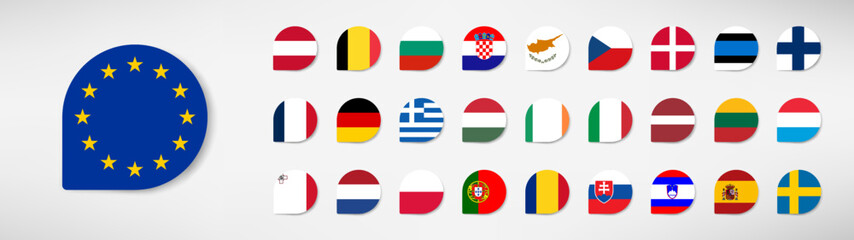 All Europe Flags round rectangle flat buttons isolated on white