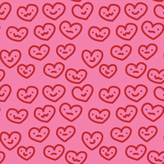 Smiling expressive hearts hand drawn seamless pattern pink red