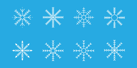 Fototapeta na wymiar White snowflake collection isolated on blue background.