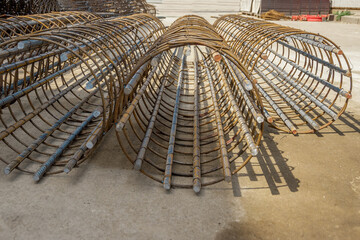 Reinforcing cages of round columns in industrial construction.