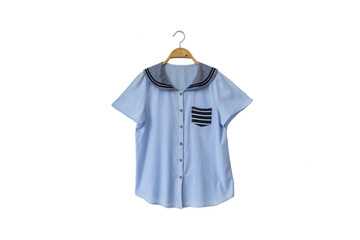 Blue colour blouse is clothes hanger on white background.linen fabric.
