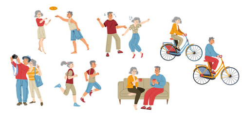 Active elderly characters hobby, lifestyle. Senior men and women riding bicycle, dance, exercising or traveling. Aged people healthy life, travel, pensioner activity Cartoon linear flat vector set