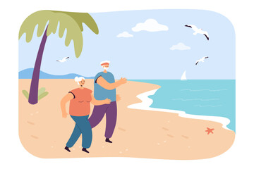 Obraz na płótnie Canvas Grandfather and grandmother jogging on sea beach. Cardio workout of old active man and woman flat vector illustration. Sport, prevention concept for banner, website design or landing web page