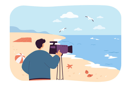 Beach view shooting by professional videographer. Man with camera filming flying seagulls over sea waves flat vector illustration. Video concept for banner, website design or landing web page