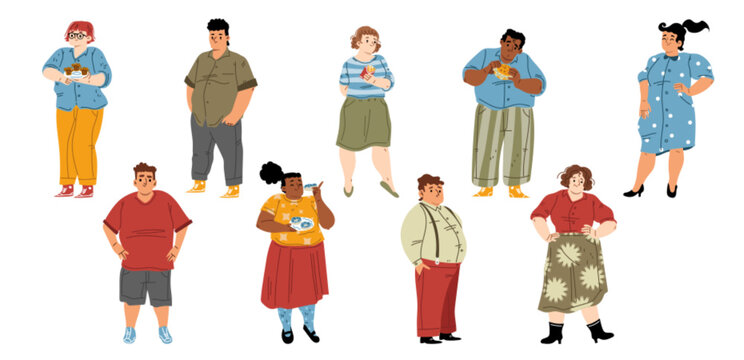 Set Of Fat People, Body Positive, Unhealthy Eating, Bad Habits Concept. Overweight People With Fast Food Addiction, Characters Obesity, Plus Size Fashion, Cartoon Linear Flat Vector Illustration