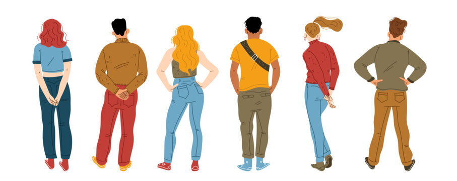 People from behind, male and female characters group stand in row rear view isolated on white background. Abstract young persons line backside position, Cartoon linear flat vector illustration