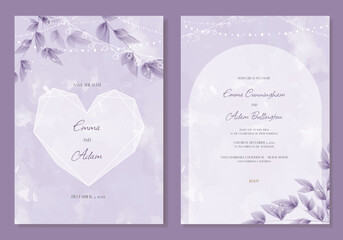 Wedding Invitation, save the date, thank you, rsvp card design template. Vector. Purple leaves with garland.