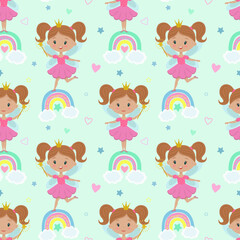 Seamless pattern with a princess, rainbow, stars and other elements. Fairy with a magic wand children's illustration. Cartoon fairy pattern for kids, girls. Wallpaper, packaging, design.