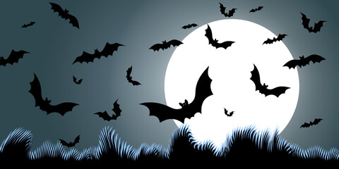 Vector. Night, full moon and bats, branches, horizontal background. Colorful scary volumetric Halloween illustration. Halloween party invitation card mock up. Happy Halloween banner design.