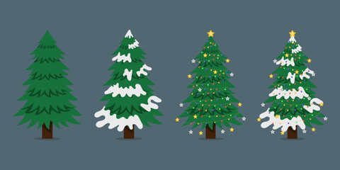 Christmas trees cartoon collection. New Years and xmas traditional symbol tree with garlands, light bulb, star. Winter holiday.