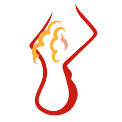 Pregnant woman dancing or doing gymnastics or praying, curly blonde hair