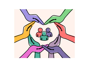 Employee protection icon. The concept of inclusion, equality and diversity. Diverse hands form a heart around the employee icon.