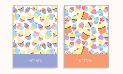 Cover for notebook or any documents with cupcakes. Deserts, sweet vector illustration