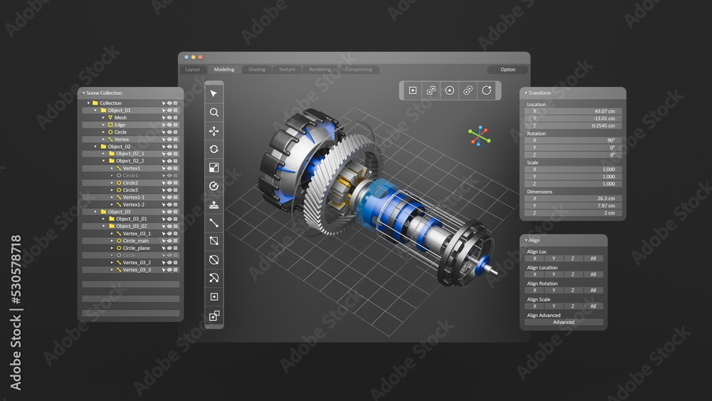 Poster Engineering designer design 3D CAD software program Industrial engine model mechanical dimensional digital manufacturing factory engineer computer screen. 3d rendering.