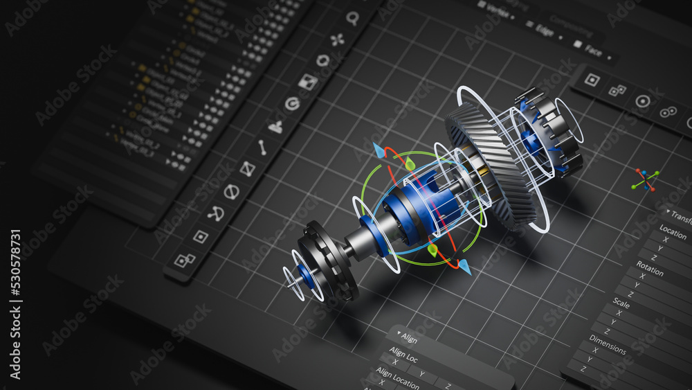 Leinwandbilder Engineering designer design 3D CAD software program Industrial engine model mechanical dimensional digital manufacturing factory engineer computer screen. 3d rendering.