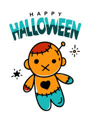 Halloween Greeting Card Poster Banner with Voodoo Doll Vector Design Illustration Doodle Style on White Background