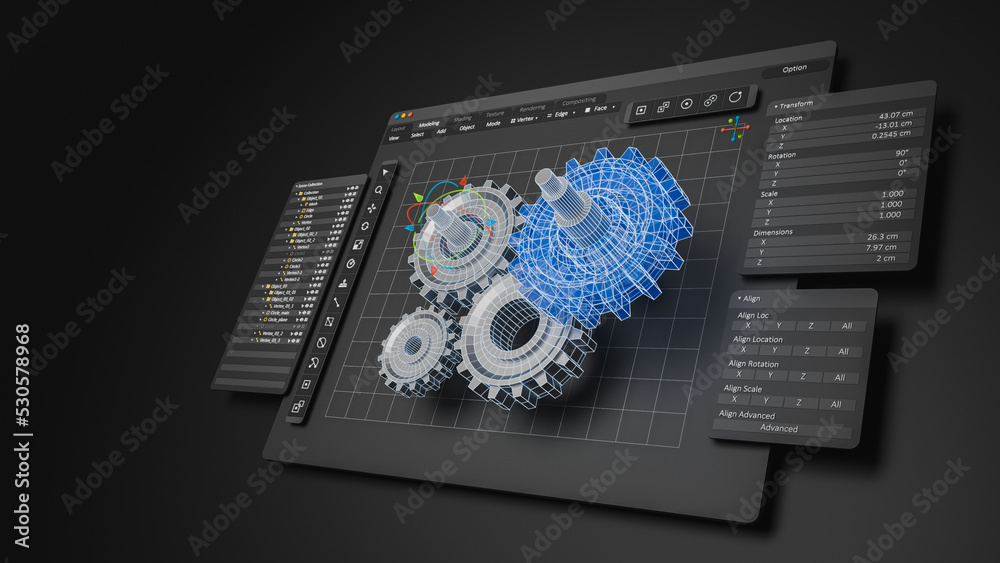 Leinwandbilder Engineering designer design 3D CAD software program Industrial engine model mechanical dimensional digital manufacturing factory engineer computer screen. 3d rendering.