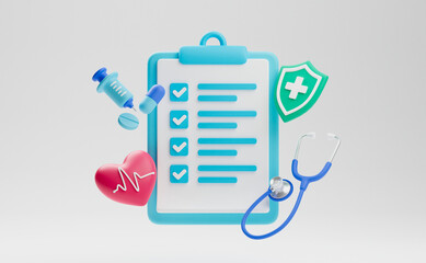 Healthcare medical doctor stethoscope heartbeat clipboard health checkup insurance report service icons.3d rendering..