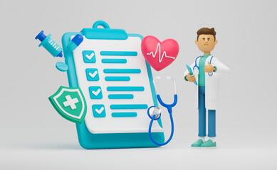 Healthcare medical doctor stethoscope heartbeat clipboard health checkup insurance report service icons.3d rendering..