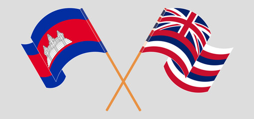 Crossed and waving flags of Cambodia and The State Of Hawaii
