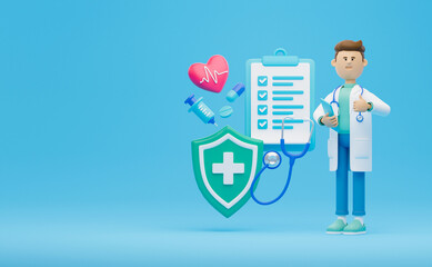 Healthcare medical doctor stethoscope heartbeat clipboard health checkup insurance report service icons.3d rendering..