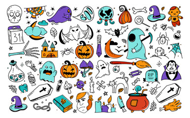 Fototapeta premium Large set of Halloween elements Doodle style vector design Illustration Isolated on white background