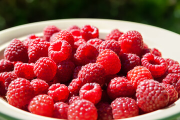 Raspberry berries. Close-up of raspberries in a plate. Selective focus. Shallow depth of field. Blurred dark background