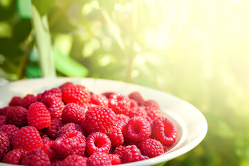 Raspberry berries. Close-up of raspberries in a plate against a background of foliage with a glare. Selective focus. Shallow depth of field. Blurred background with bokeh effect