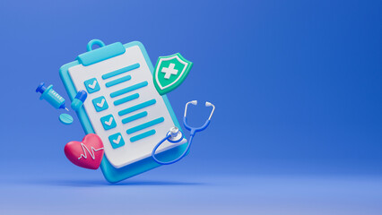 Healthcare medical doctor stethoscope heartbeat clipboard health checkup insurance report service icons.3d rendering..