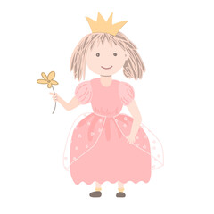 Cute little princess in a beautiful with a flower. Vector illustration in hand-drawn Scandinavian style in pastel palette. Ideal for printing baby clothes, baby shover, nursery poster, cards.