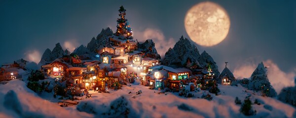 winter village covered with snow near mountains and trees at night with full moon illustration. Generative AI