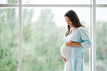 Portrait of young pregnant woman standing near window holding hands on her belly at modern home