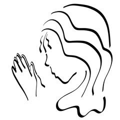 young woman with covered head with folded hands praying to God, black outline on white background