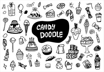 Set of vector sweet elements drawn by hand. Black and white icons isolated on a white background. Candy, drinks, pastries, confectionery, tea party, party, holiday, birthday, sweetmeat day