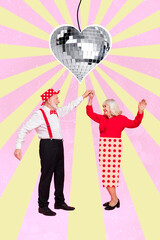 Vertical composite collage of two aged people hold arms have fun dancing heart shape disco ball...